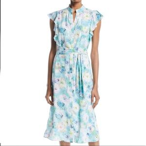 Lovely High-Neck Ruffle-Sleeve Belted Floral Dress